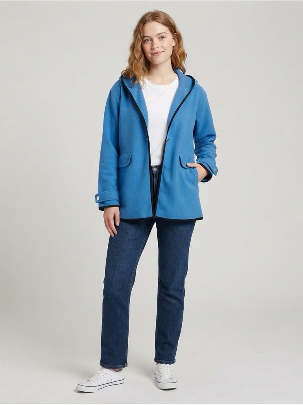 Blue Fleece Hooded Coat Jacket Single Button
Black Piping Pockets Size M fits L